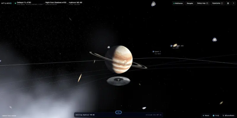 A banded gas giant with rings and its moons