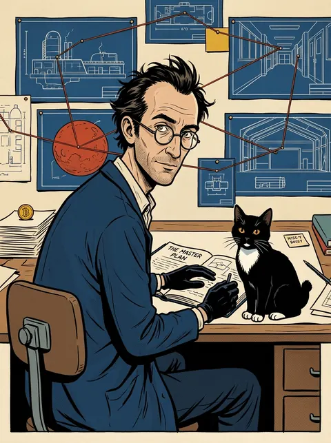 Lost File FF01, recovered scene 1 of 10: the Architect at his desk with the master plan